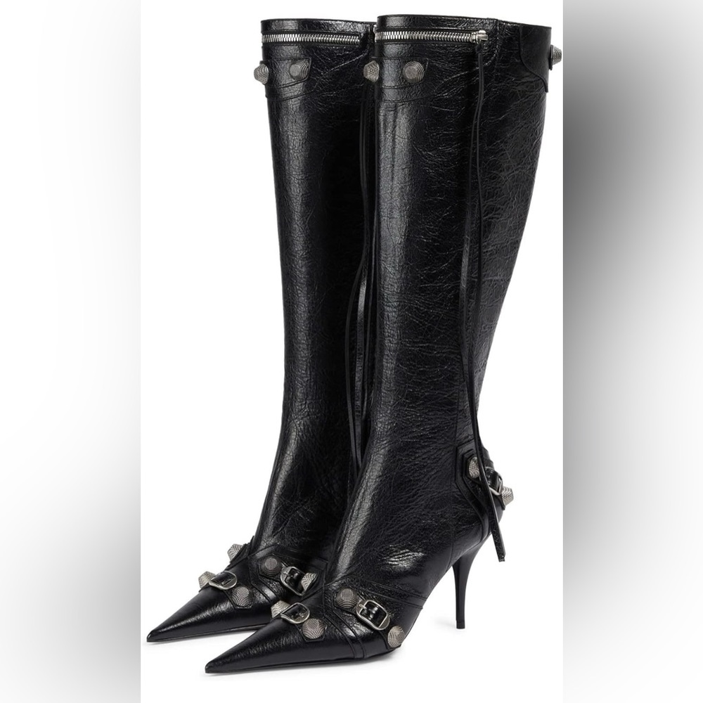 High heel, knee high boots with zipper and pointy toe studded